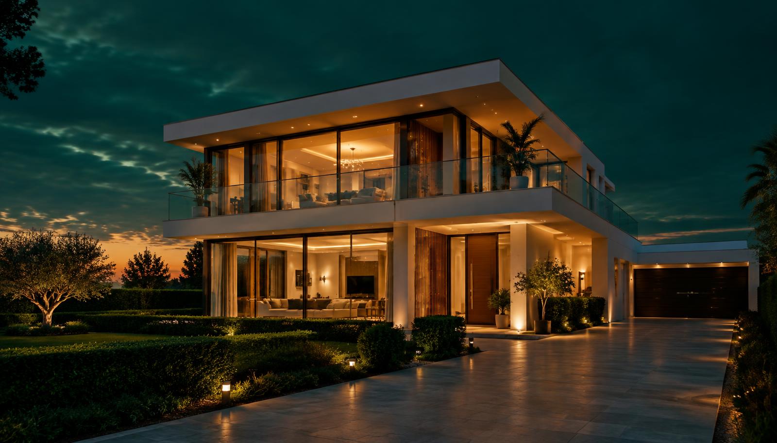 Villa R+1 moderne illuminée à la tombée de la nuit